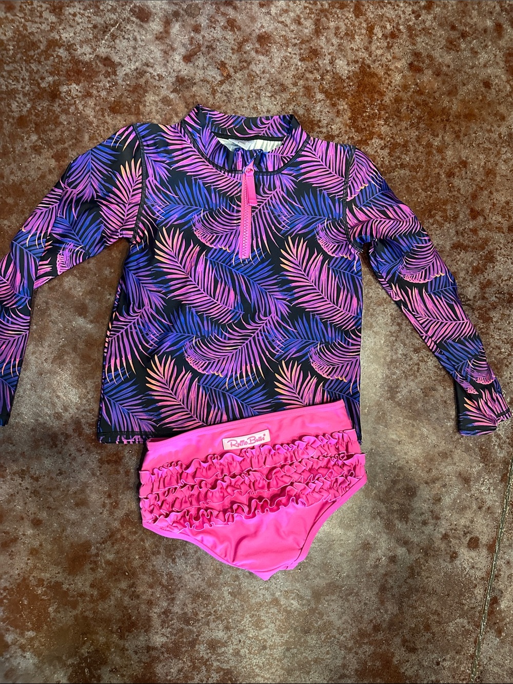 Ruffle Butts Pink & Purple Tropical Leaf Long-Sleeve Rashguard Set